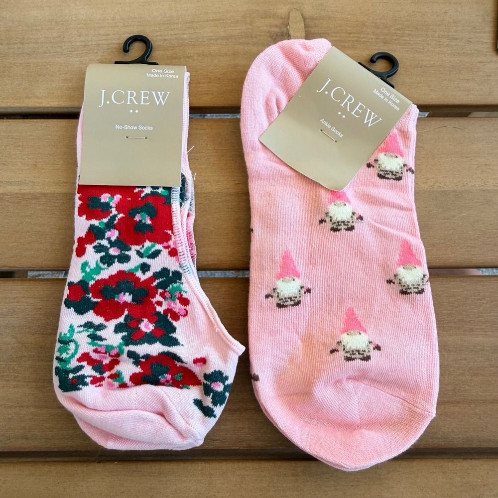 J.Crew Womens Sock Set 2 Pair Pink Floral No-Show & Gnome Ankle‎ Socks One Size